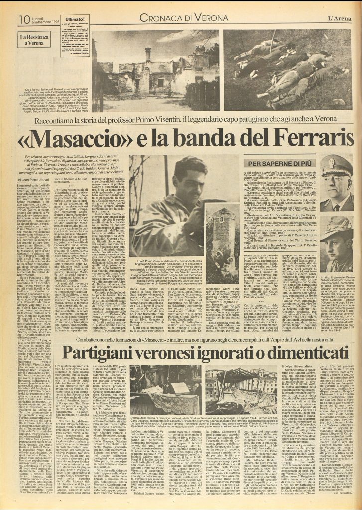 Pagina 10 di lunedì 6/09/1993 del quotidiano L’Arena in cui si narra la storia di Masaccio e delle sue azioni partigiane nel veronese.